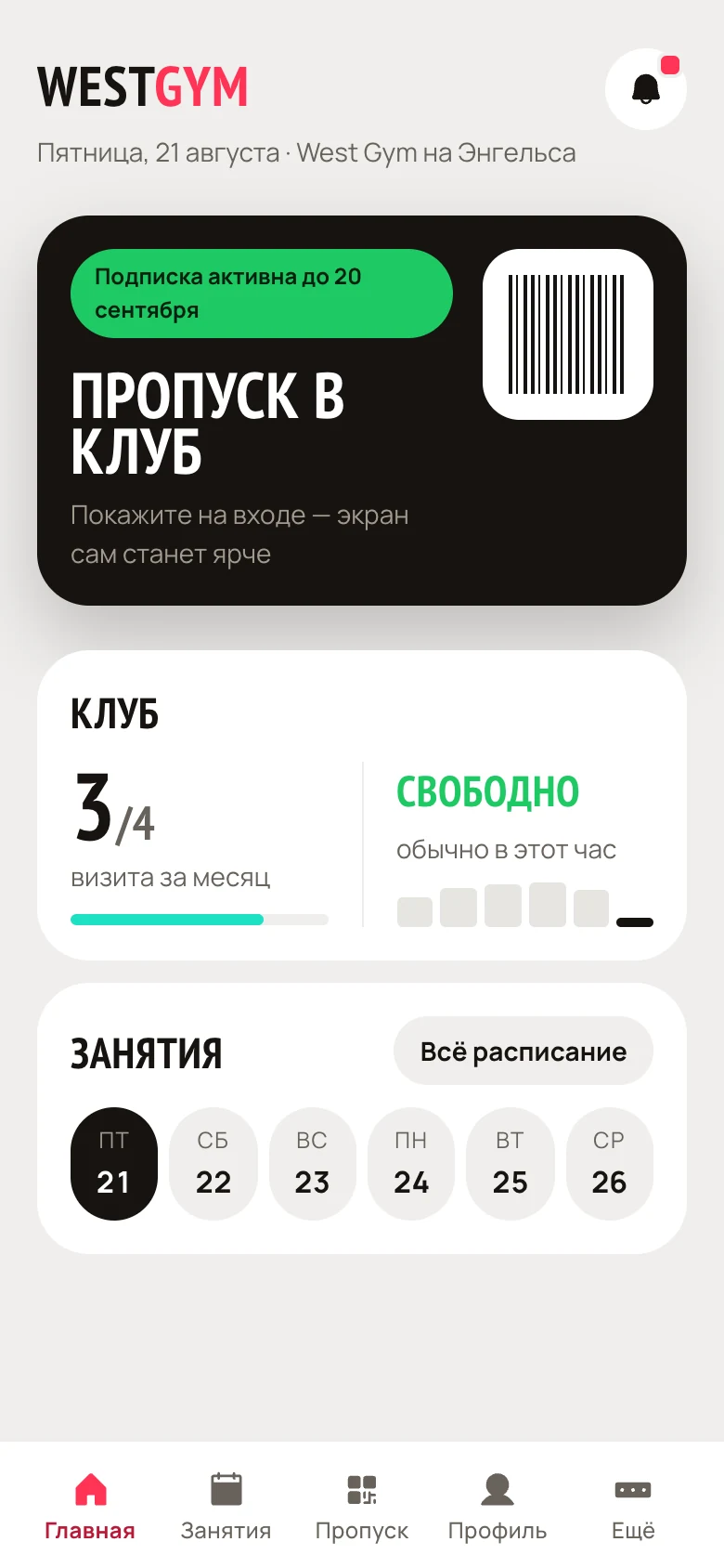 Главный экран приложения: статус подписки и ближайшие занятия