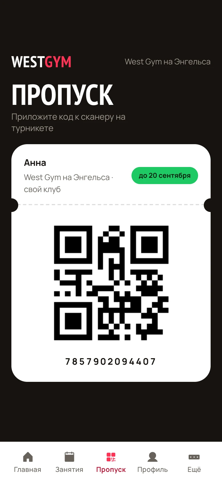 Экран пропуска: QR-код для сканера на турникете